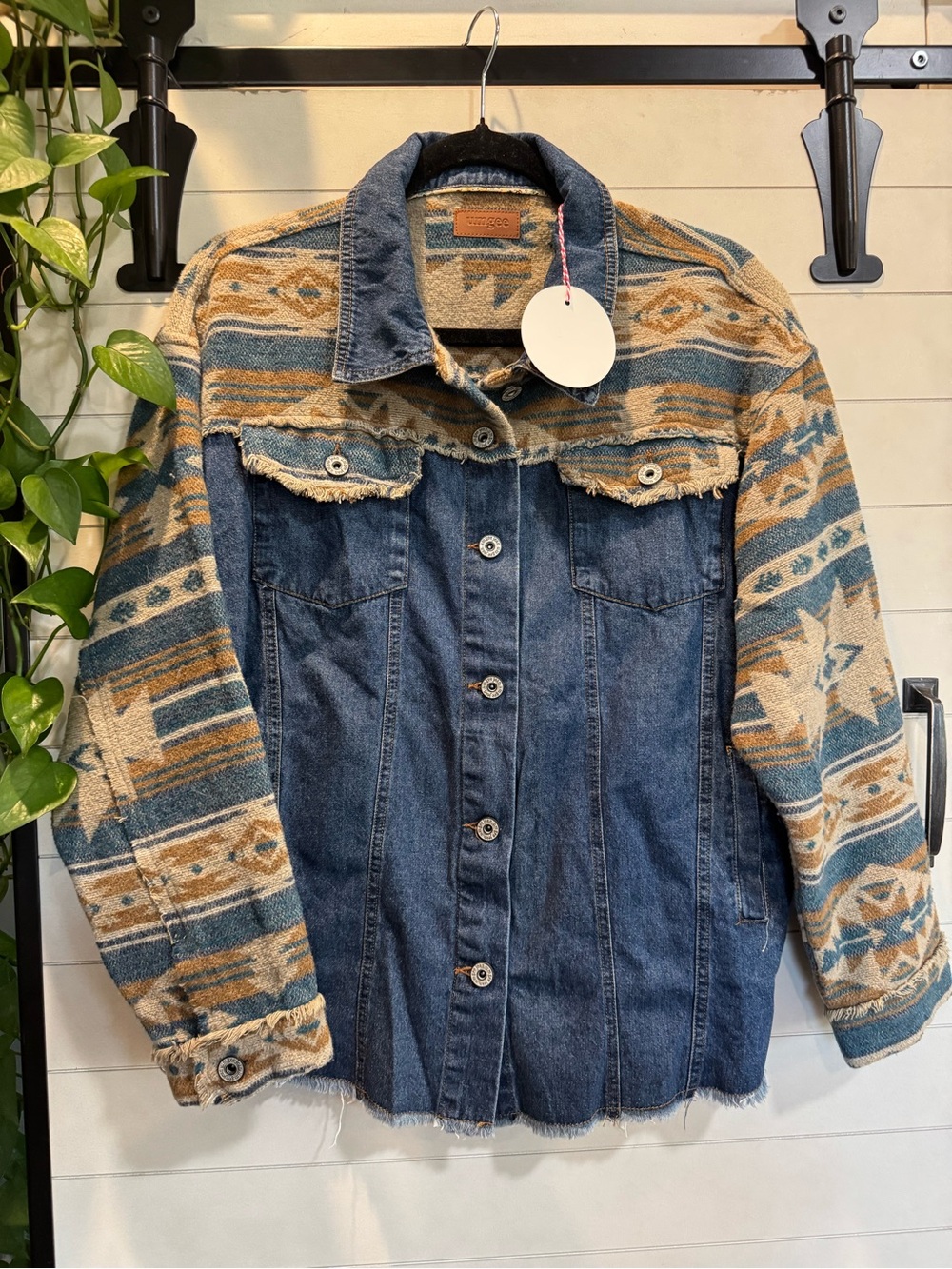 Umgee Blue Denim Jacket with Tan & Blue Aztec Sleeves